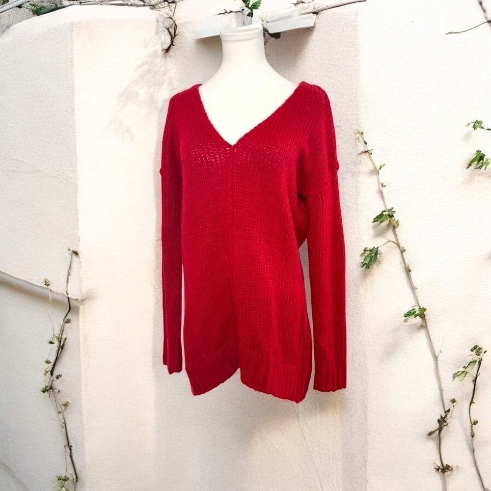 Y2k Red V-Neck Women's Sweater Knit Oversized Slouchy L